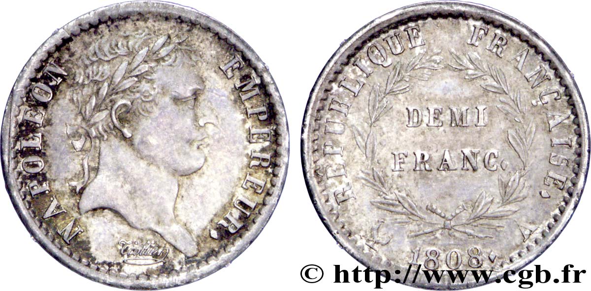 Demi-franc Napoléon Ier tête laurée, République française 1808 Paris F./ SUP58 