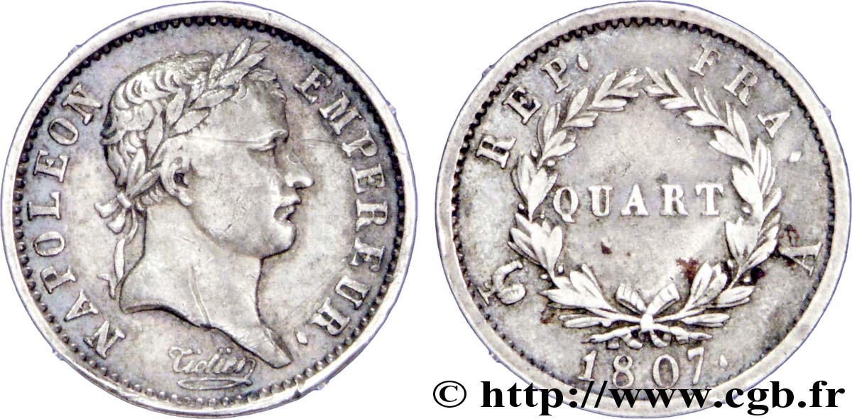 Quart (de franc) Napoléon Ier tête laurée, République française 1807 Paris F.161/1 TTB40 