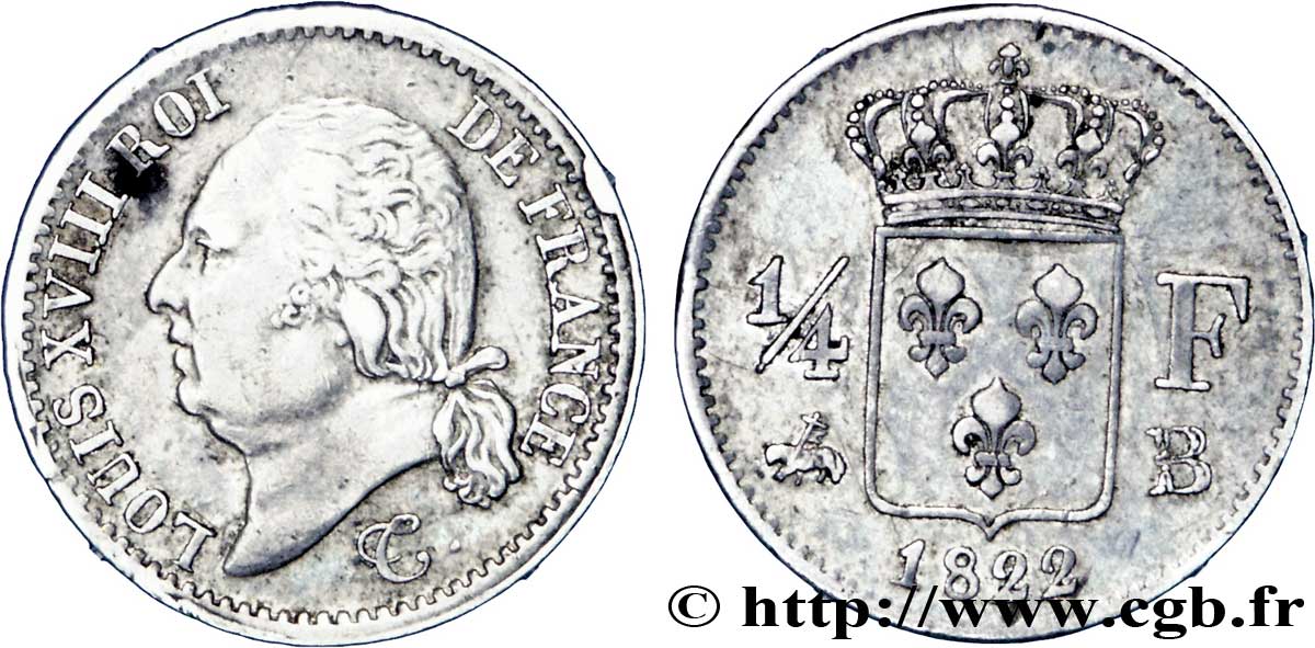1/4 franc Louis XVIII 1822 Rouen F.163/22 AU52 