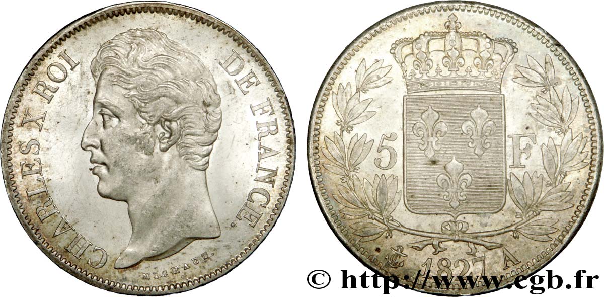 5 francs Charles X, 2e type 1827 Paris F.311/1 MS60 