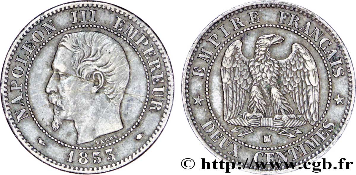 Deux centimes Napoléon III, tête nue 1853 Marseille F.107/7 XF45 