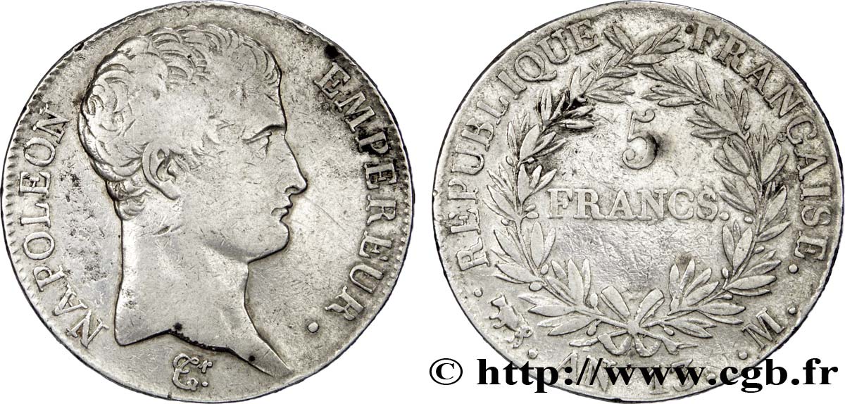 5 francs Napoléon Empereur, Calendrier révolutionnaire 1805 Toulouse F.303/13 TB30 