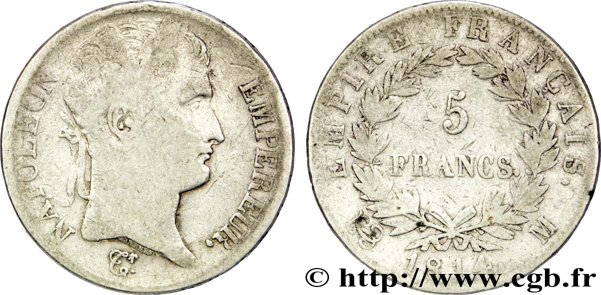 5 francs Napoléon Empereur, Empire français 1814 Toulouse F.307/82 B14 