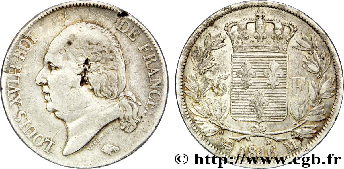 5 francs Louis XVIII, tête nue 1816 Toulouse F.309/9 TB25 