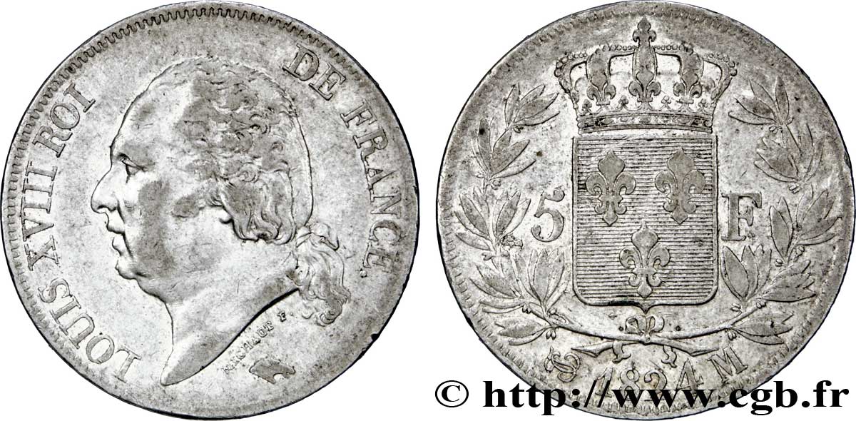5 francs Louis XVIII, tête nue 1824 Toulouse F.309/95 XF45 