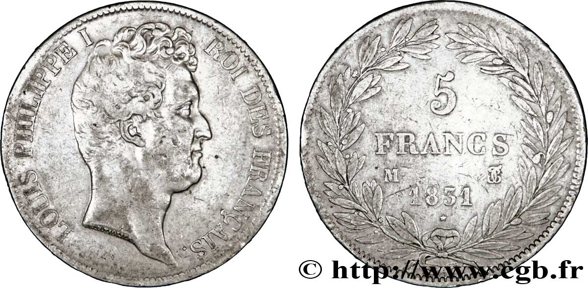 5 francs type Tiolier avec le I, tranche en creux 1831 Toulouse F.315/22 TB30 