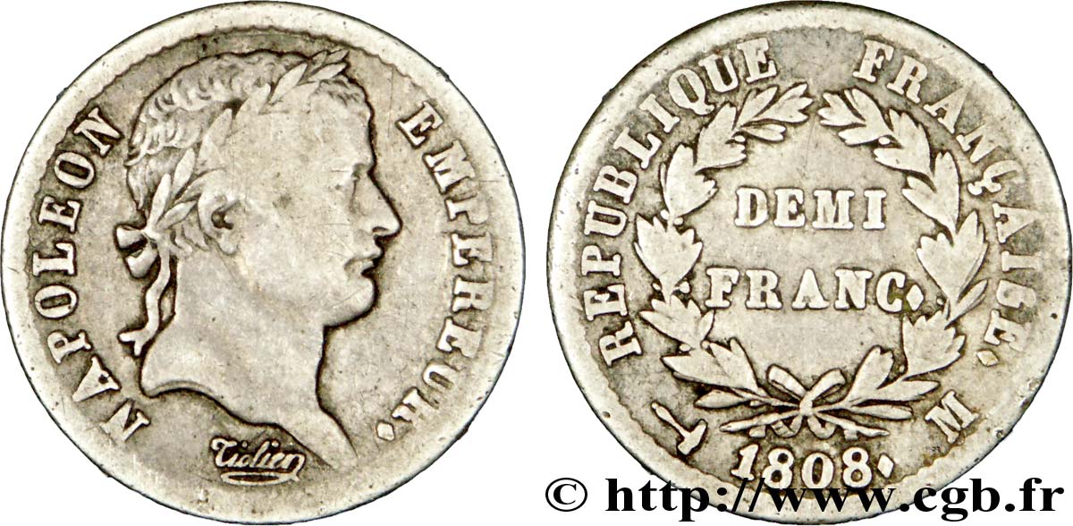 Demi-franc Napoléon Ier tête laurée, République française, buste fin 1808 Toulouse F./ VF28 