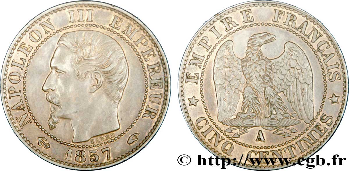 Cinq centimes Napoléon III, tête nue 1857 Paris F.116/37 SUP59 