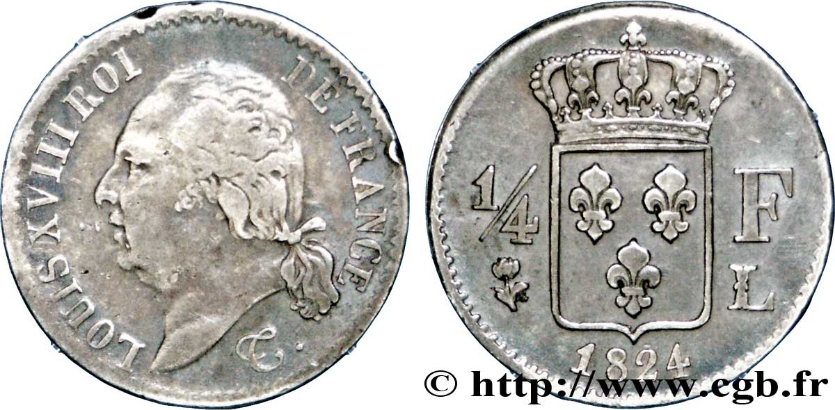 1/4 franc Louis XVIII 1824 Bayonne F.163/33 MBC40 