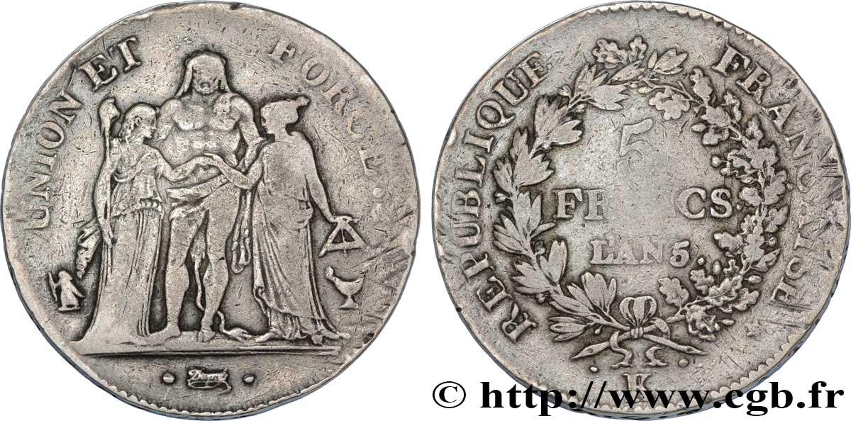 5 francs Union et Force, Union serré, avec glands intérieurs et gland extérieur 1797 Bordeaux F.288/20 VF20 