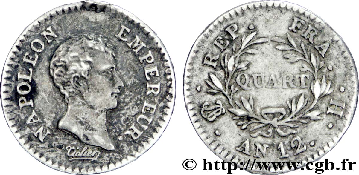 Quart (de franc) Napoléon Empereur, Calendrier révolutionnaire 1804 La Rochelle F.158/3 TTB48 