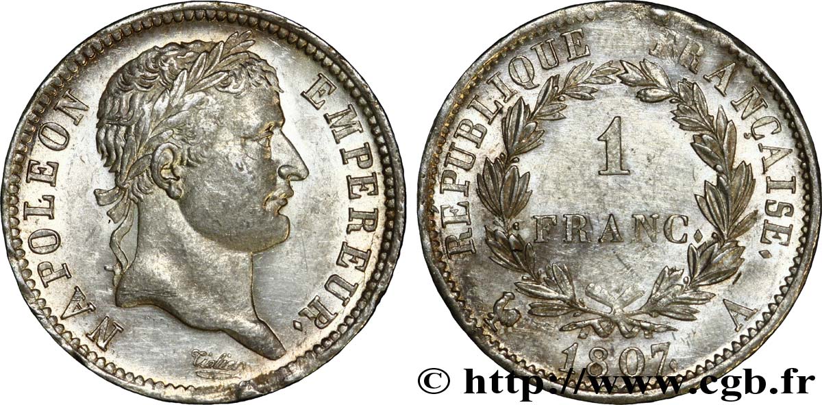1 franc Napoléon Ier tête laurée, République française 1807 Paris F.204/1 SUP60 