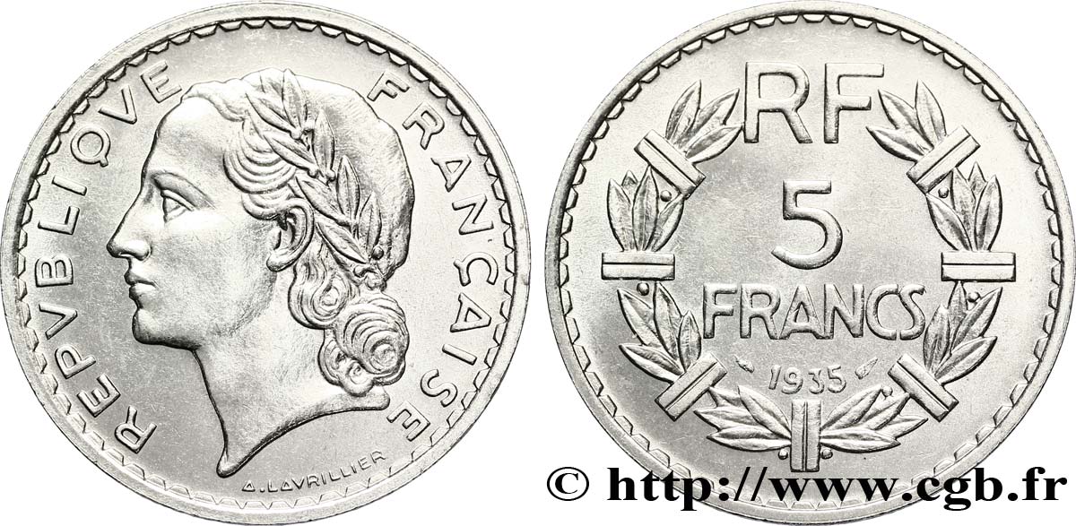 5 francs Lavrillier, nickel 1935  F.336/4 EBC62 