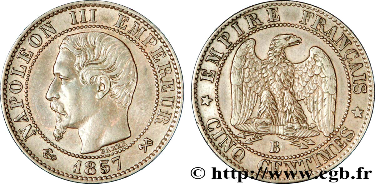 Cinq centimes Napoléon III, tête nue 1857 Rouen F.116/38 XF48 