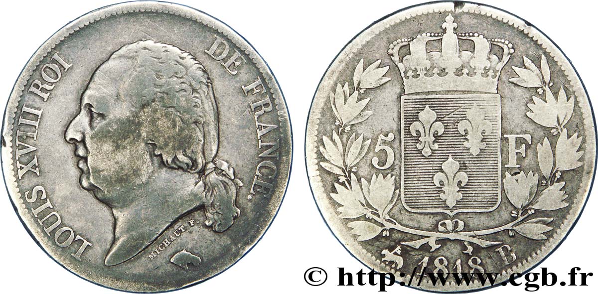 5 francs Louis XVIII, tête nue 1818 Rouen F.309/29 TB18 