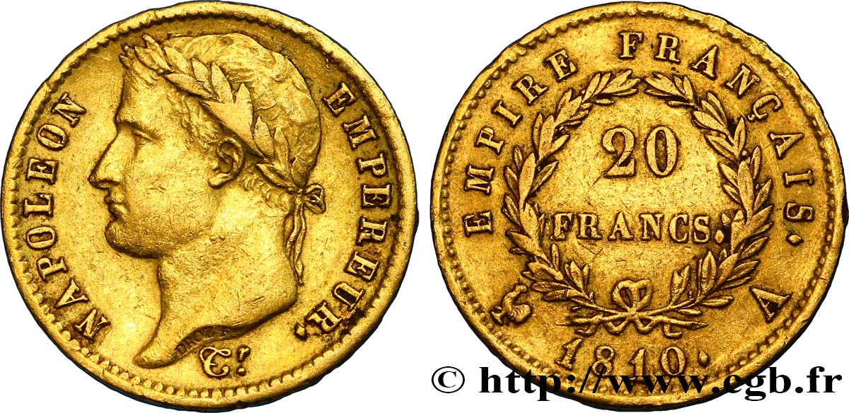 20 francs or Napoléon tête laurée, Empire français 1810 Paris F.516/9 SS45 