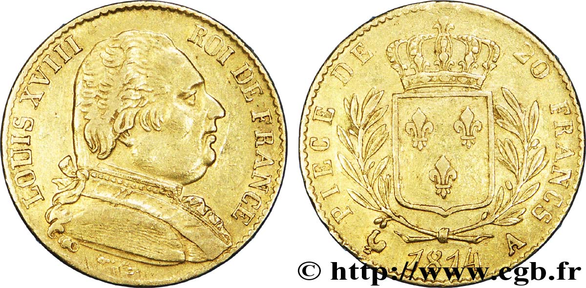 20 francs or Louis XVIII, buste habillé 1814 Paris F.517/2 AU50 