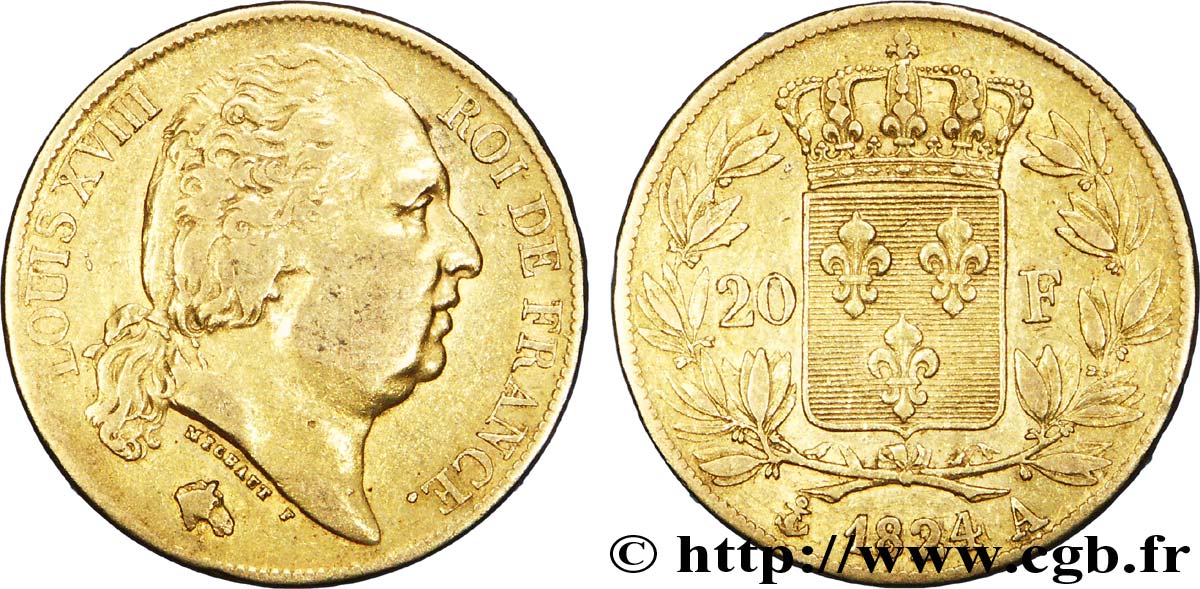 20 francs or Louis XVIII, tête nue 1824 Paris F.519/31 TTB40 