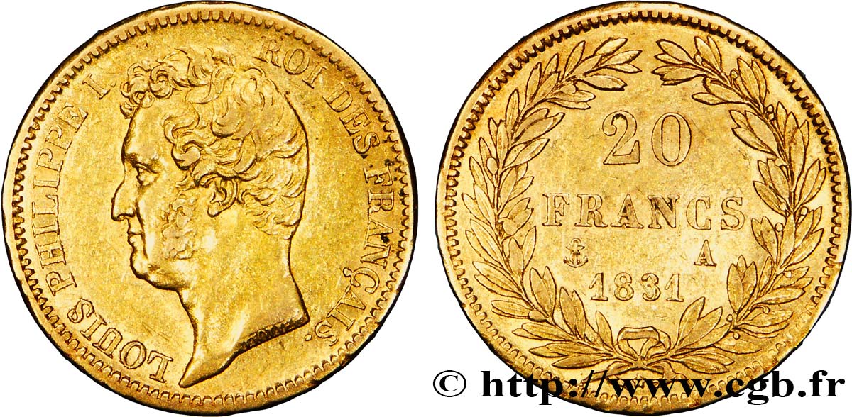 20 francs or Louis-Philippe, Tiolier, tranche inscrite en creux 1831 Paris F.524/2 TTB50 