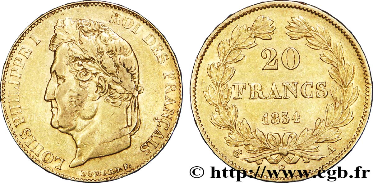20 francs or Louis-Philippe, Domard 1834 Paris F.527/7 BB48 