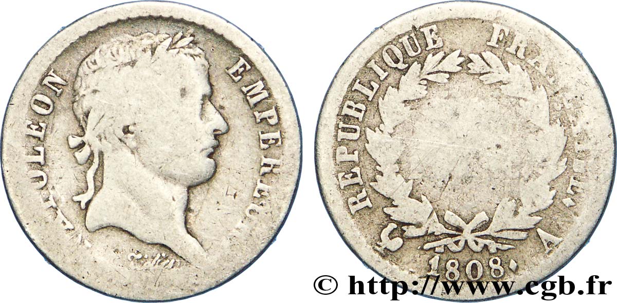 Demi-franc Napoléon Ier tête laurée, République française 1808 Paris F./ B10 