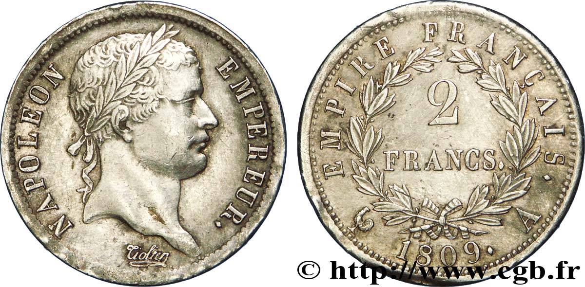 2 francs Napoléon Ier tête laurée, Empire français 1809 Paris F.255/1 TTB50 