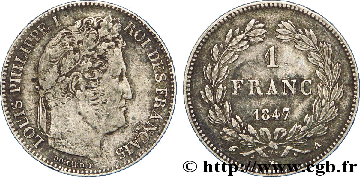 1 franc Louis-Philippe, couronne de chêne 1847 Paris F.210/110 XF45 