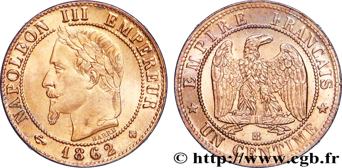 Un centime Napoléon III, tête laurée 1862 Strasbourg F.103/5 MS64 