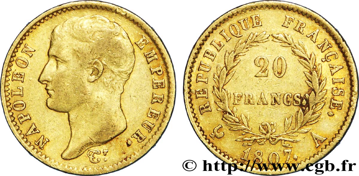 20 francs or Napoléon tête nue, type transitoire 1807 Paris F.514/1 TTB40 