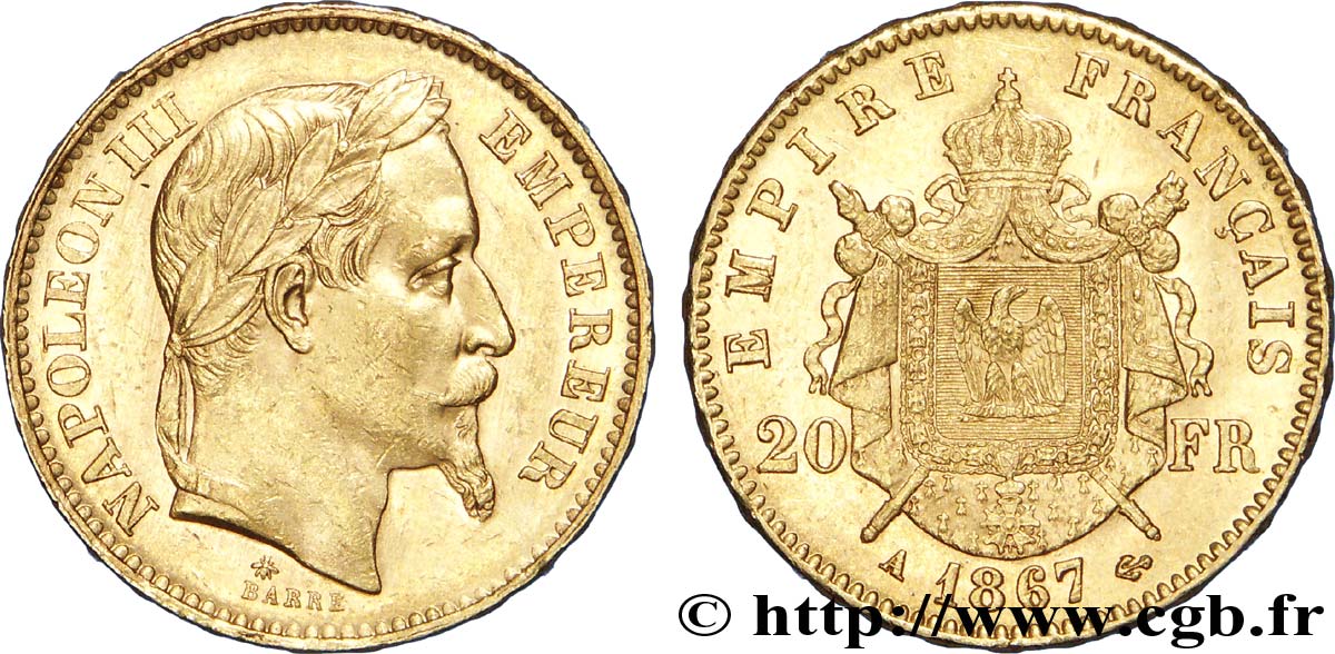 20 francs or Napoléon III, tête laurée 1867 Paris F.532/15 SUP55 