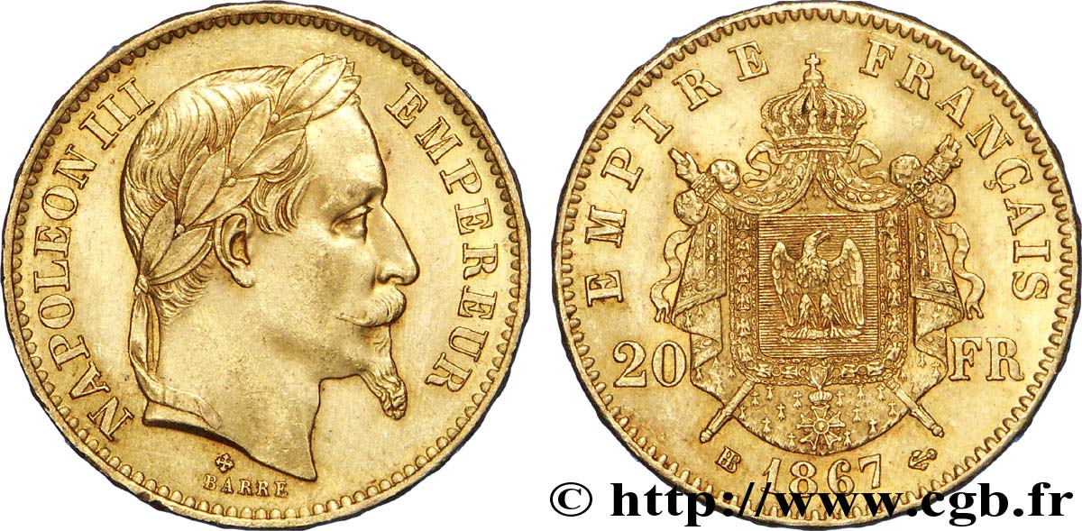 20 francs or Napoléon III, tête laurée, petit BB 1867 Strasbourg F.532/16 TTB52 