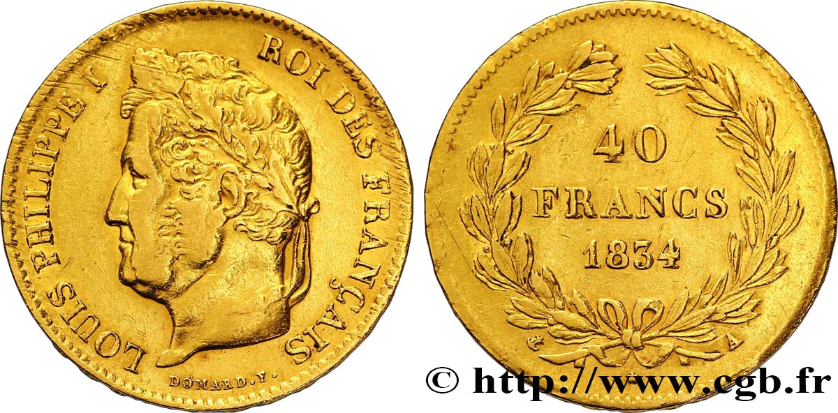 40 francs or Louis-Philippe 1834 Paris F.546/6 SS45 