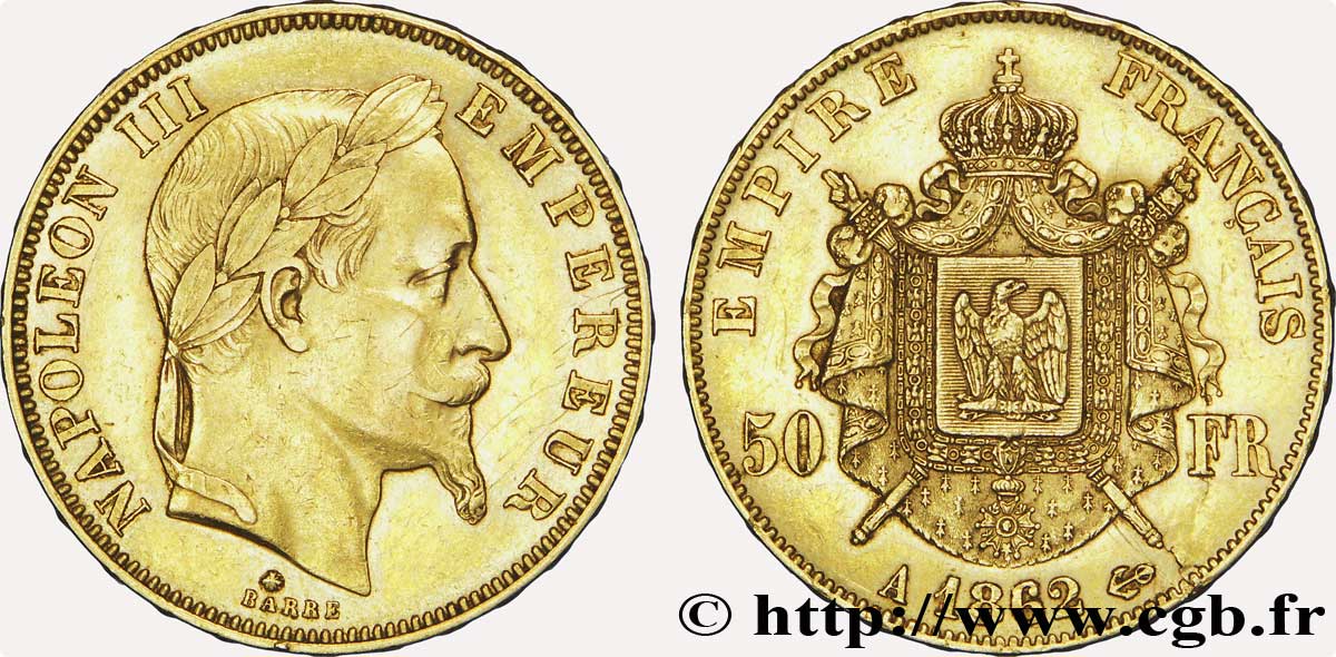 50 francs or Napoléon III, tête laurée 1862 Paris F.548/1 TTB50 