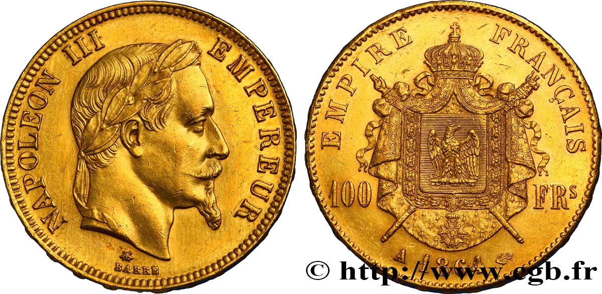 100 francs or Napoléon III, tête laurée 1864 Paris F.551/4 SPL55 
