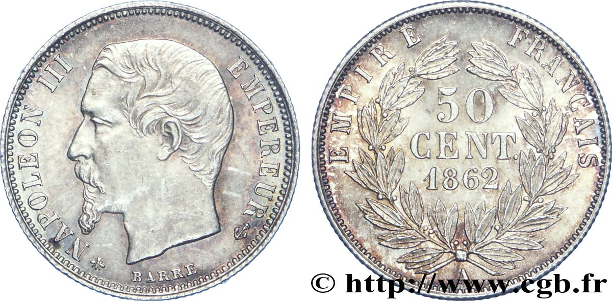 50 centimes Napoléon III, tête nue 1862 Paris F.187/16 SUP62 