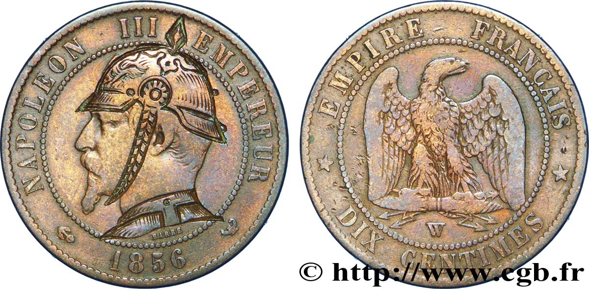Dix centimes Napoléon III, tête nue, satirique 1856 Lille F.133/40 TB30 