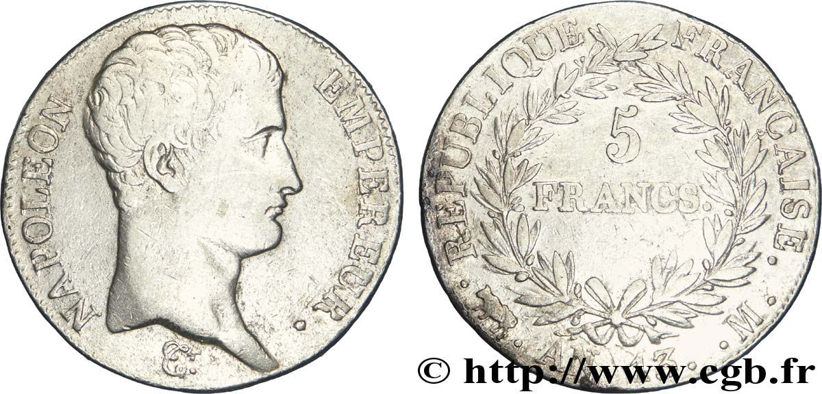 5 francs Napoléon Empereur, Calendrier révolutionnaire 1805 Toulouse F.303/13 TB30 