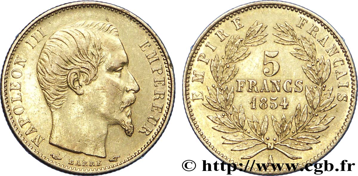 5 francs or Napoléon III, tête nue, petit module, tranche cannelée 1854 Paris F.500A/1 SS48 