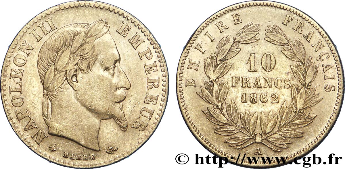 10 francs or Napoléon III, tête laurée, hybride 1862 Paris F.507/1 SS40 