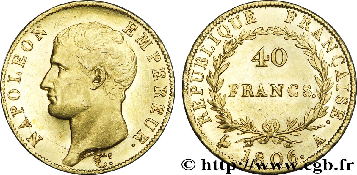 40 francs or Napoléon tête nue, Calendrier grégorien 1806 Paris F.538/1 SPL60 
