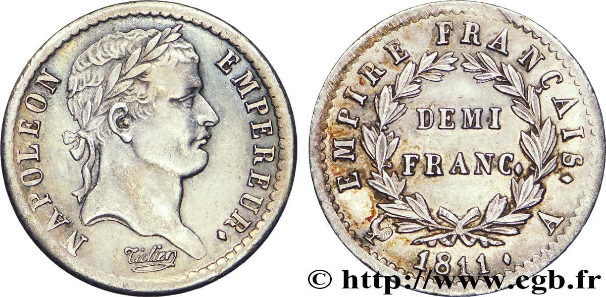 Demi-franc Napoléon Ier tête laurée, Empire français 1811 Paris F.178/21 TTB53 