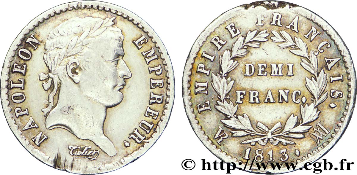 Demi-franc Napoléon Ier tête laurée, Empire français 1813 Marseille F.178/58 MBC45 