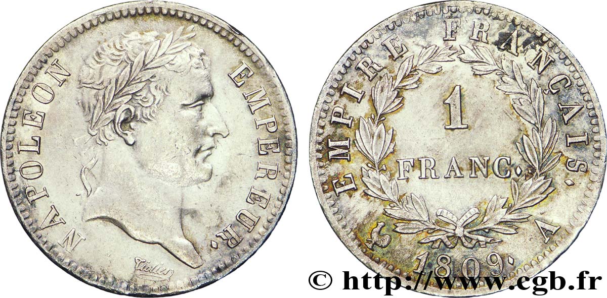 1 franc Napoléon Ier tête laurée, Empire français 1809 Paris F.205/1 TTB50 