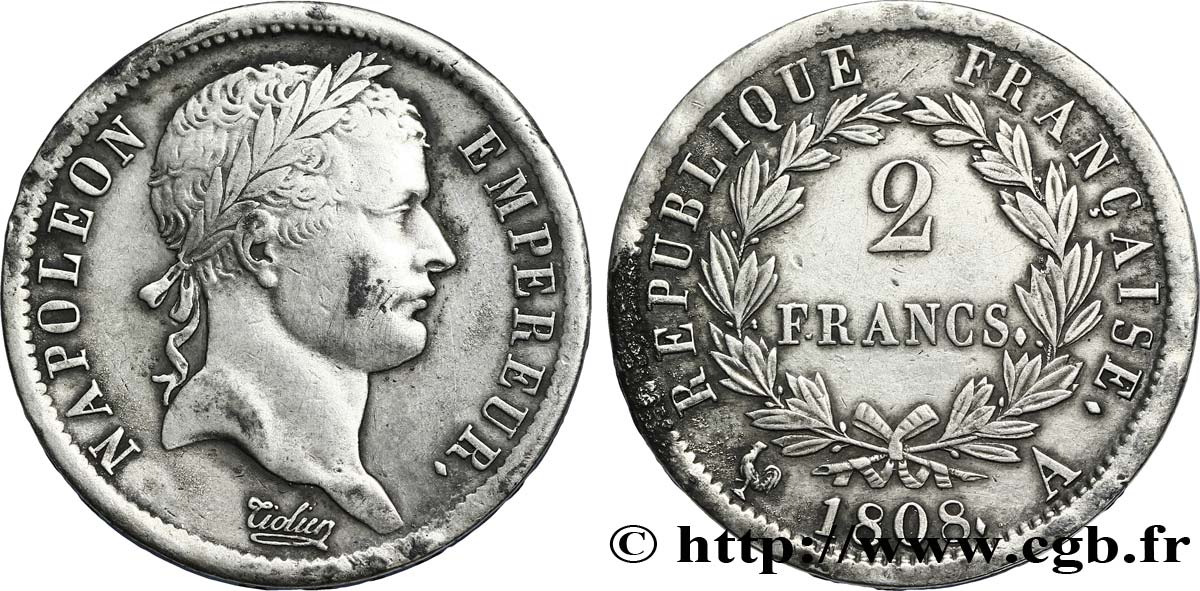 2 francs Napoléon Ier tête laurée, République française 1808 Paris F.254/4 AU52 