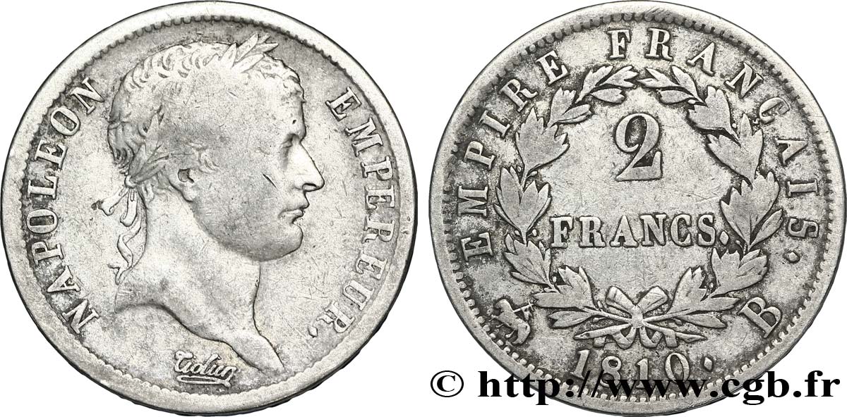 2 francs Napoléon Ier tête laurée, Empire français 1810 Rouen F.255/11 BC20 