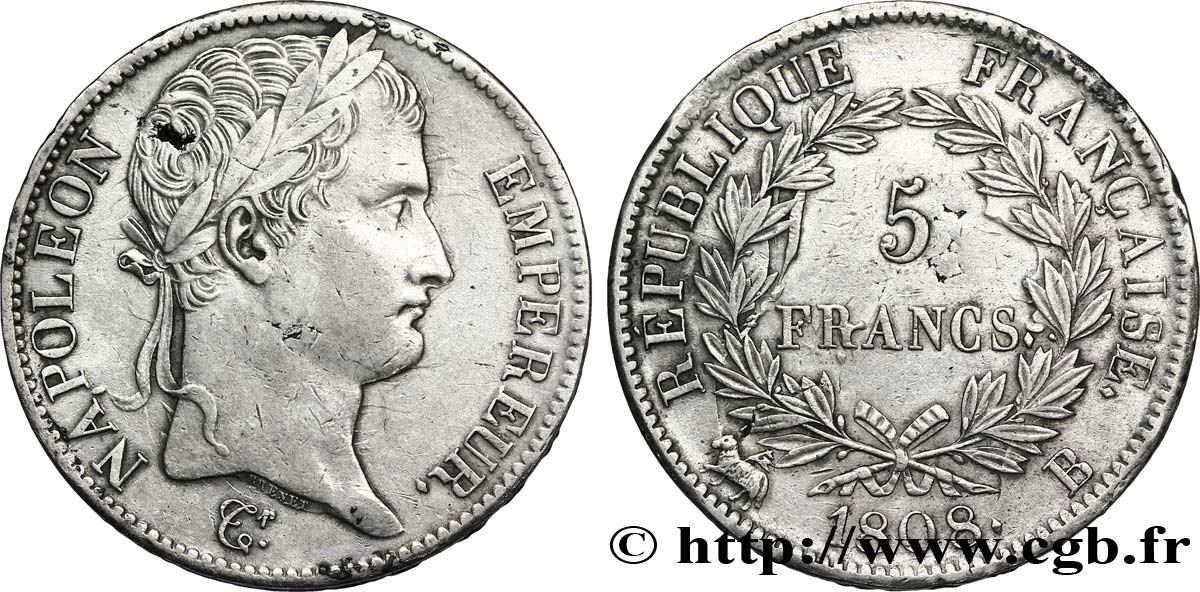 5 francs Napoléon Empereur, République française 1808 Rouen F.306/3 AU52 
