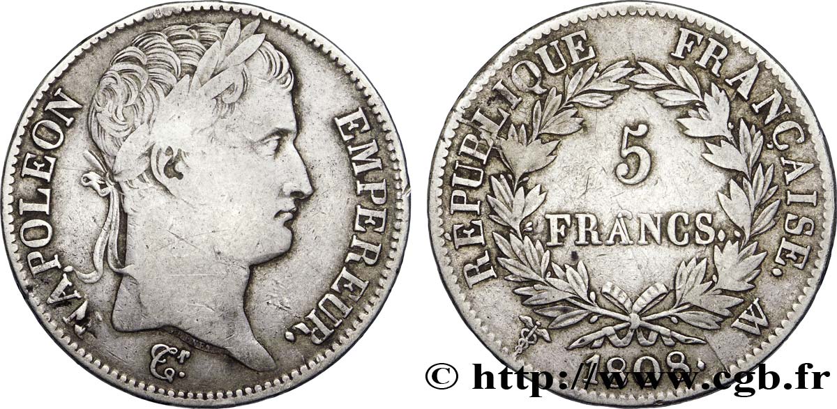5 francs Napoléon Empereur, République française 1808 Lille F.306/15 MBC45 