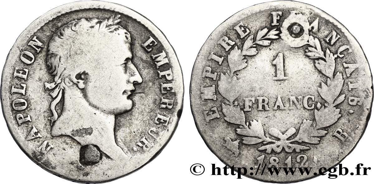 1 franc Napoléon Ier tête laurée, Empire français 1812 Rouen F.205/43 BC15 