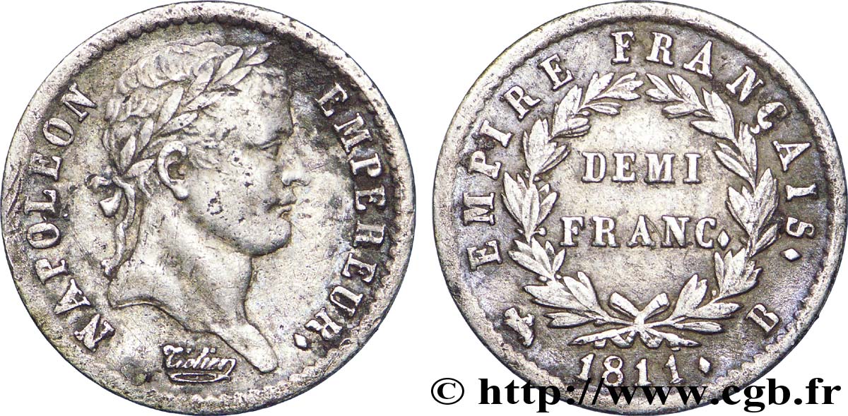 Demi-franc Napoléon Ier tête laurée, Empire français 1811 Rouen F.178/22 TTB48 