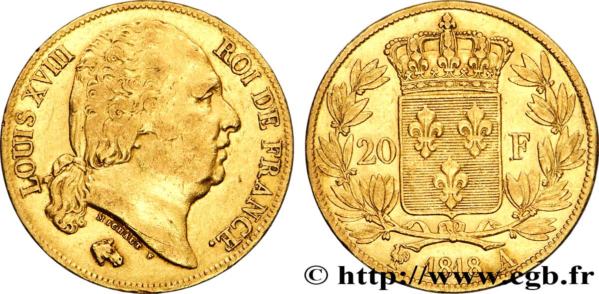 20 francs or Louis XVIII, tête nue 1818 Paris F.519/10 MBC45 